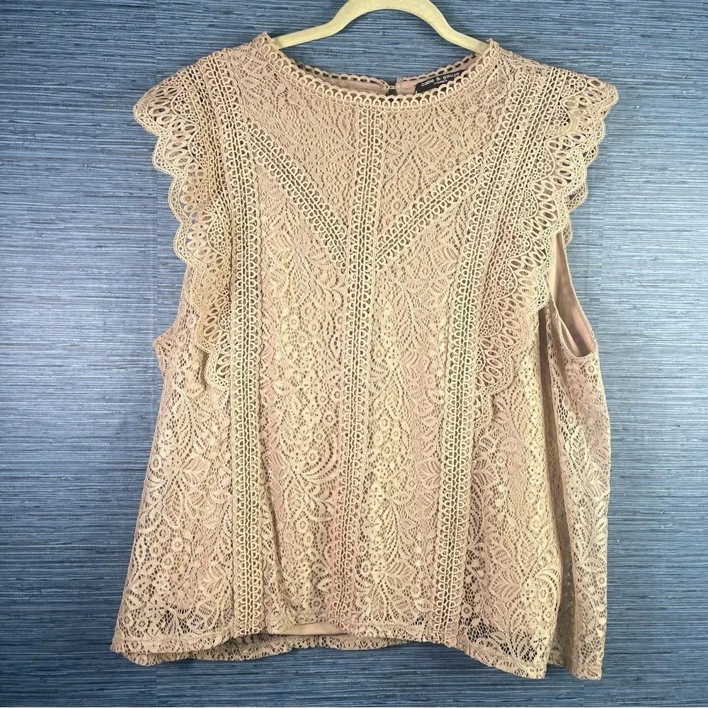 Cable & Gauge Beige Lace Sleeveless Top 3X – Romantic Boho Cottagecore Blouse